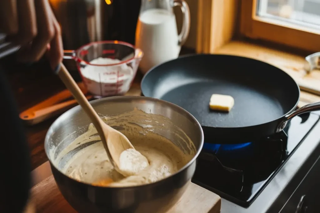 What should you avoid when mixing pancake batter